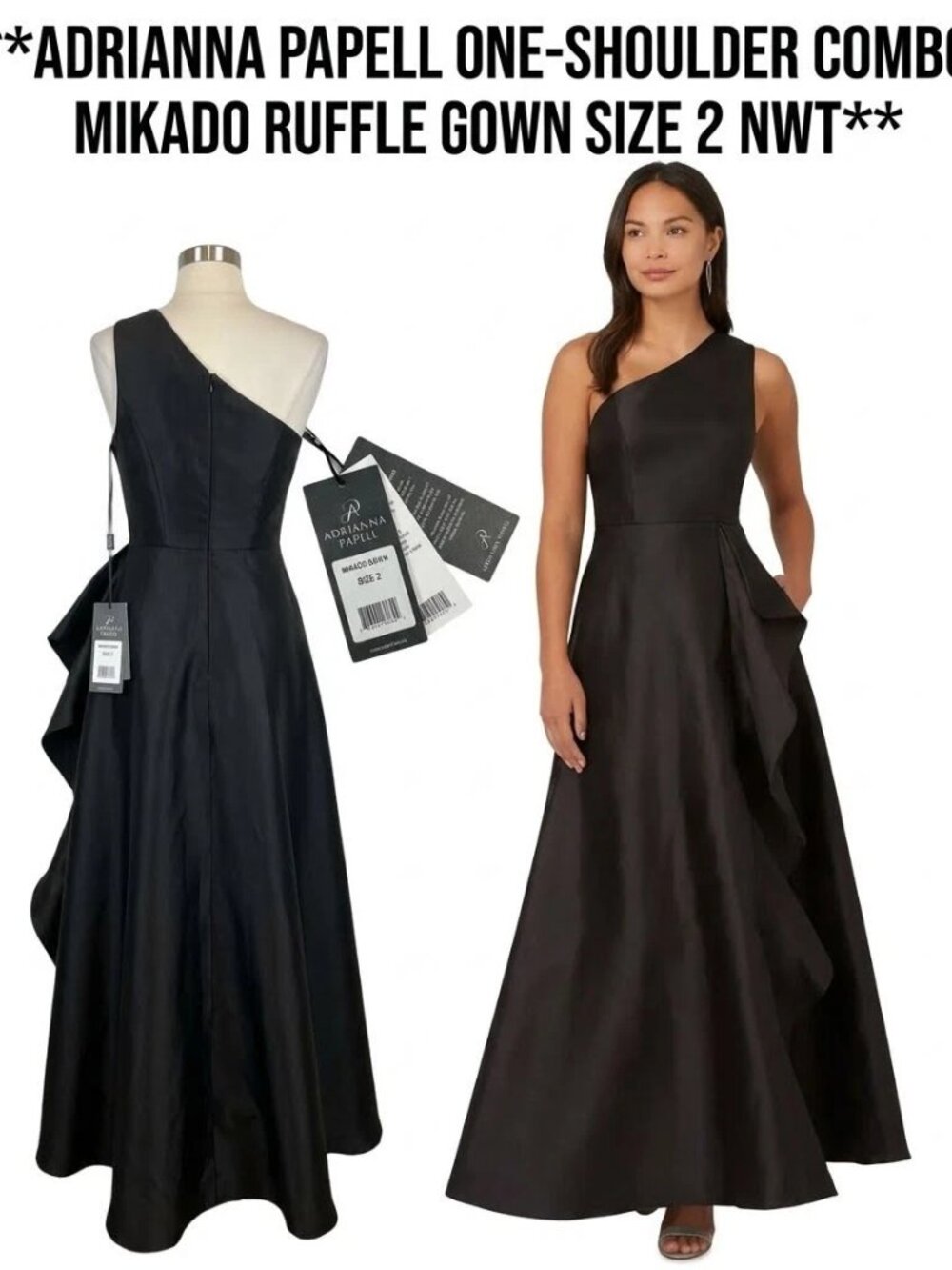 Adrianna Papell One Shoulder Mikado Ruffle Gown Black Size 2 NWT Formal Dress